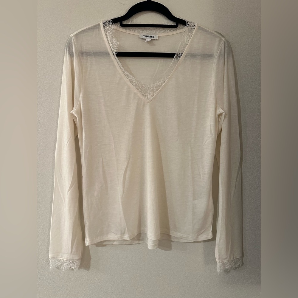 EXPRESS Tops | Long Sleeve V Neck W/ Lace Trim Shirt | Size S